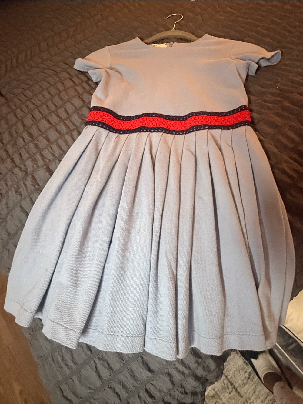 Gucci Light Blue Pleated Girls Dress with Red Waistband